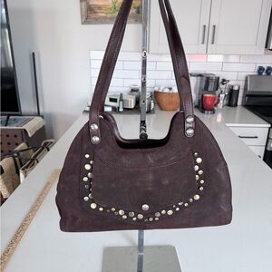 Patricia Nash Dark burgundy burnished suede ergo satchel Studded